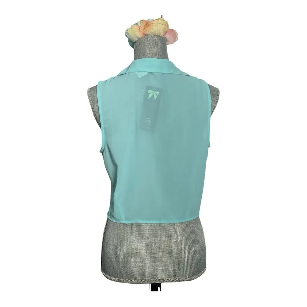 Iris Los Angeles Aqua blue Top Sheer Sleeveless Lace Knot Tie Large - Image 3