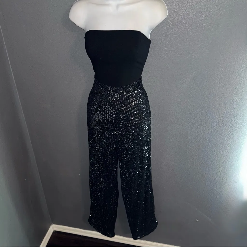 Lulus Sexy Black sequin Wide Leg Strapless Formal Party Jumpsuit Medium - Image 5