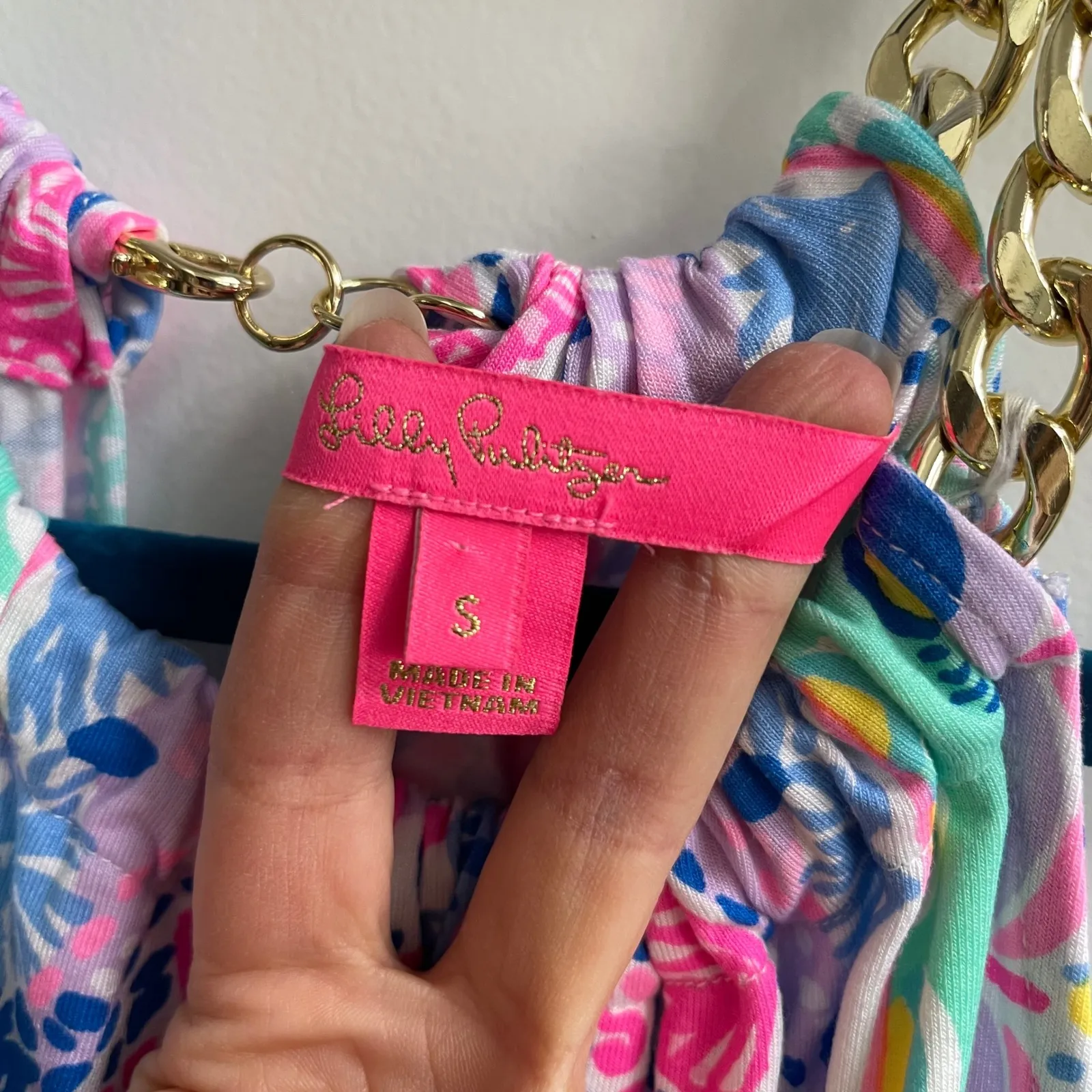 Lilly Pulitzer Blue Pink Shell Print Bowan Halter Tank Top Chain Neck Size Small - Image 6