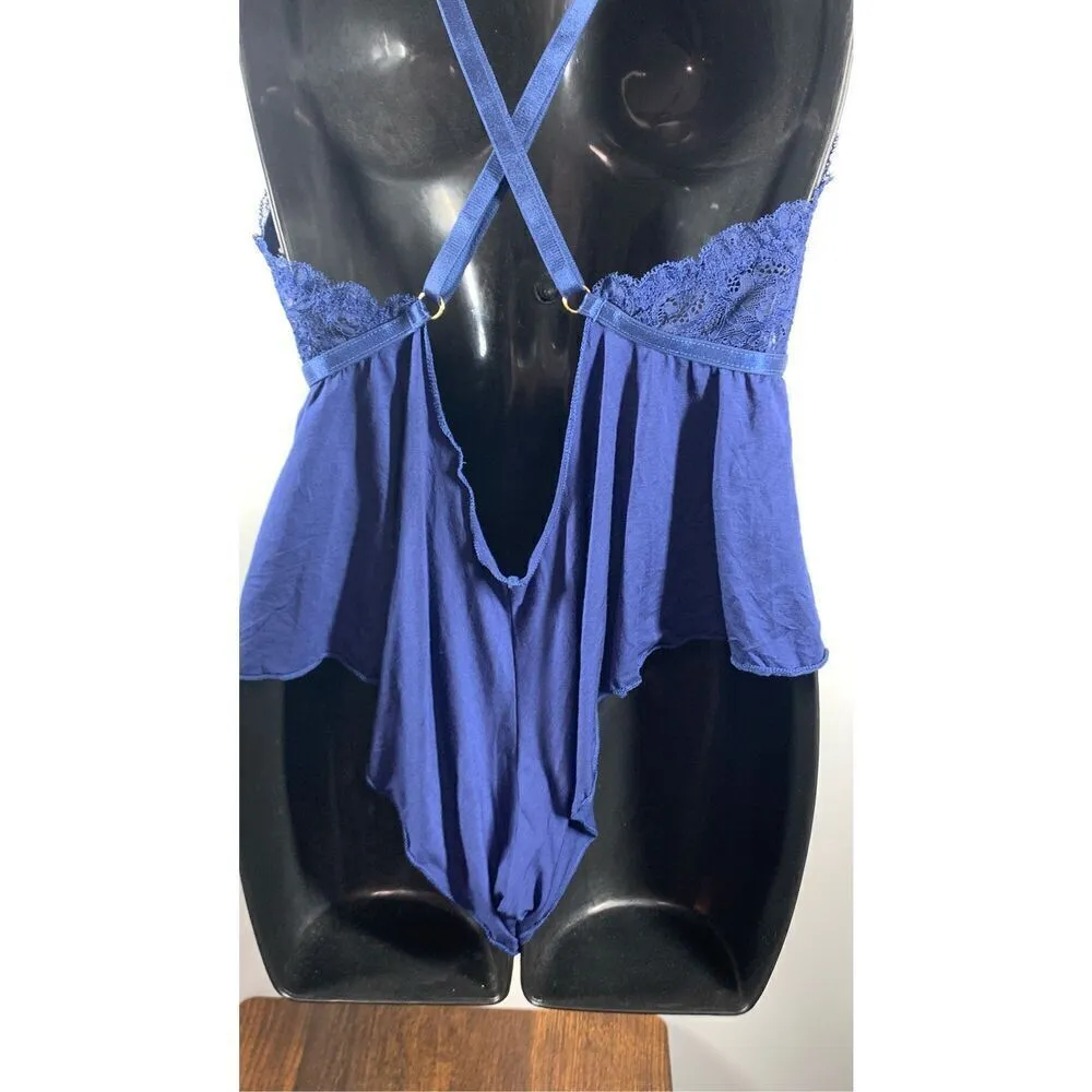 Yandy Women's Lace Plunge Adjustable Strap Romper Negligee Blue Size L/XL - Image 8