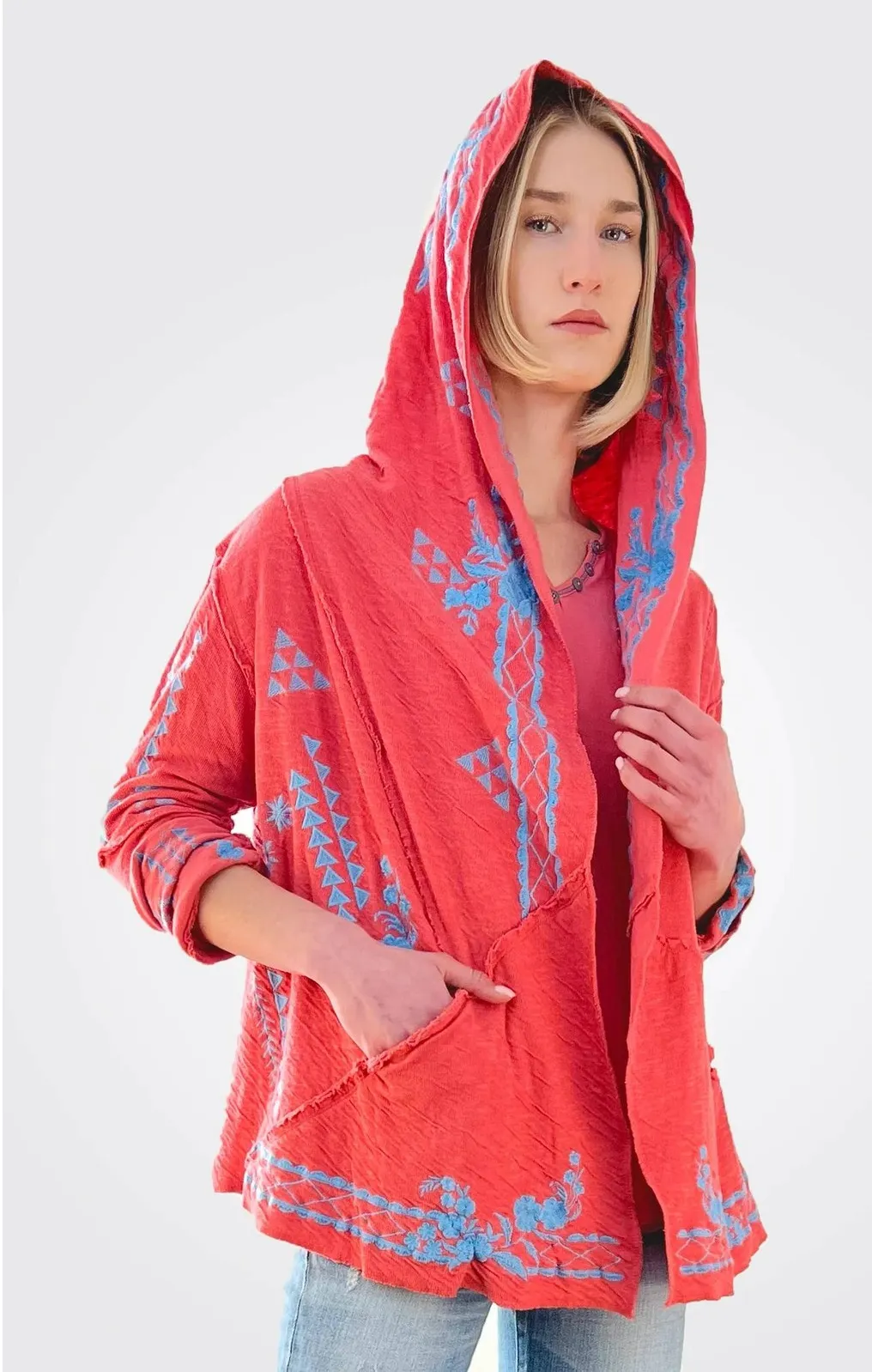 CAITE Sia Jacket Tampa Bay Coral Embroidered Hooded Open Front Cardigan Small Red - Image 1