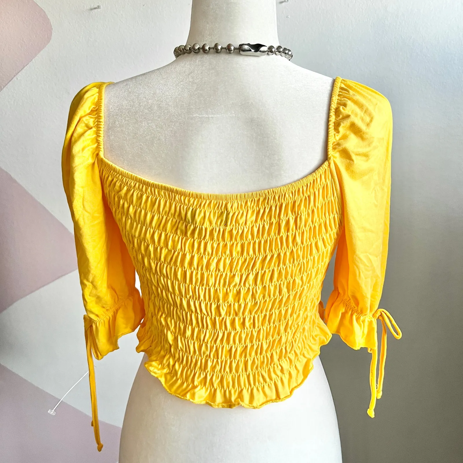 Yellow Smocked Puff Sleeve Top Cottagecore‎ Y2K Milkmaid Romantic Small - Image 2