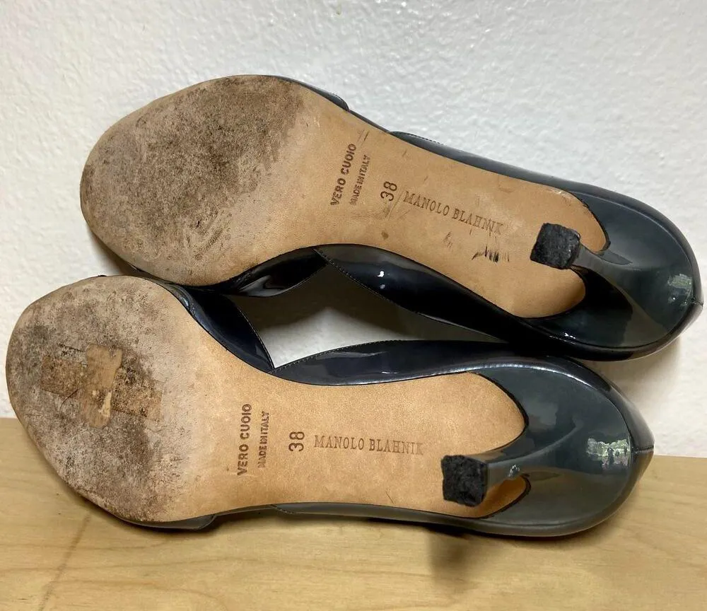 Manolo Blahnik Peep Toe Pumps Leather Striped Insole Silver EU38 US 7.5 - Image 5