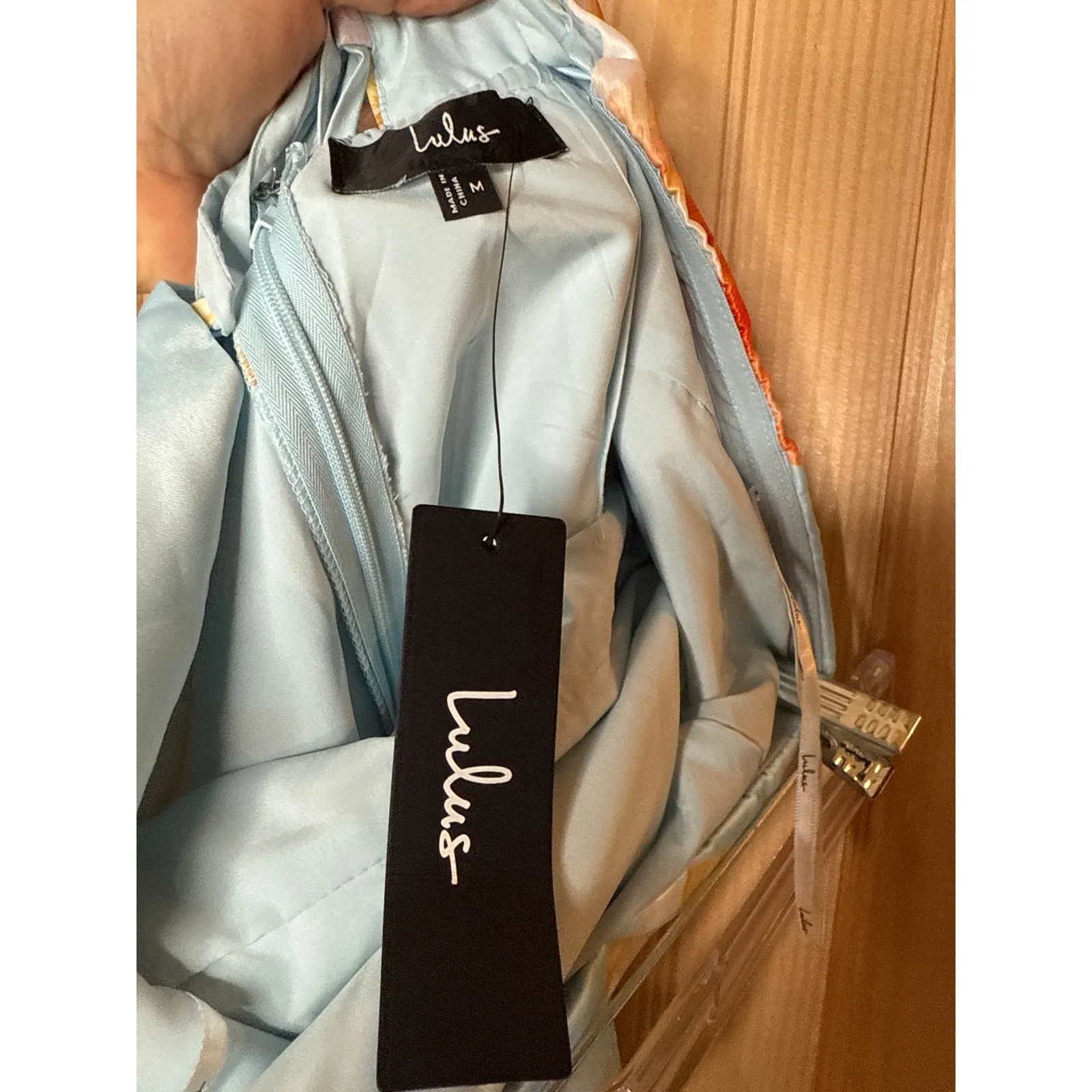 NWT Lulus Oriana Light Blue Floral Satin Strapless Midi Dress Cocktail Formal M - Image 6