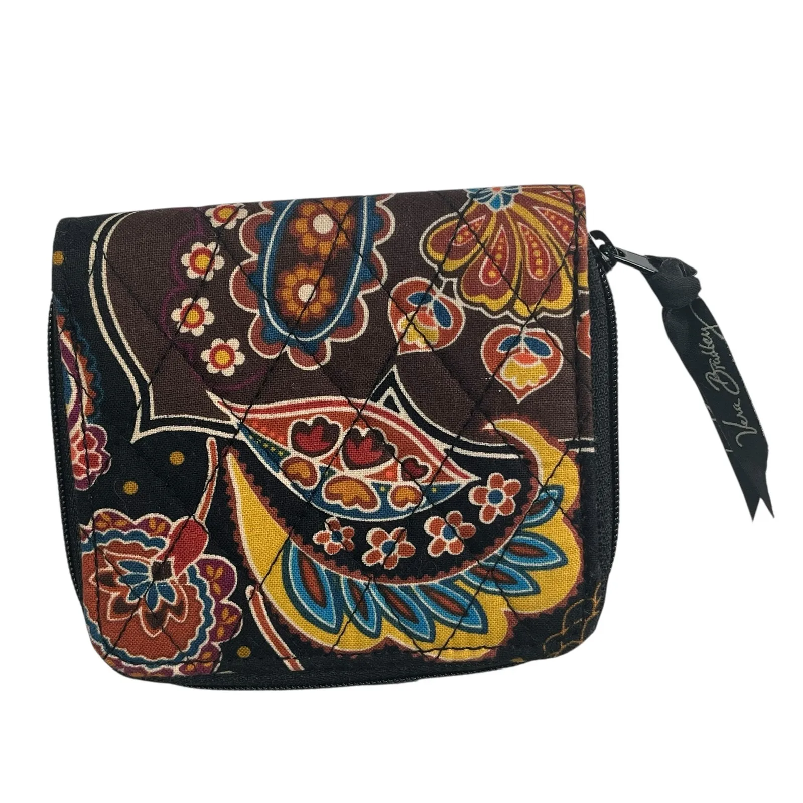 Vera Bradley Quilted Trifold Wallet Floral Brown‎ Paisley Print 4.5" x 4" - Image 2