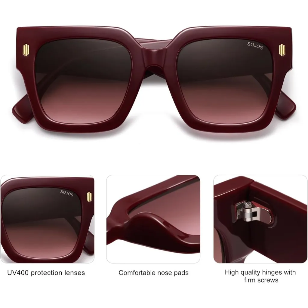 Women Wine Frame/Red Grading Lens Vintage Oversized Square Sunglasses Red - Image 3