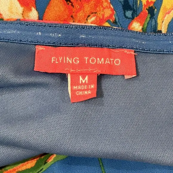 FLYING TOMATO Blue Maxi Dress M Floral Tropical Off The Shoulder Cutout‎ Farm - Image 3