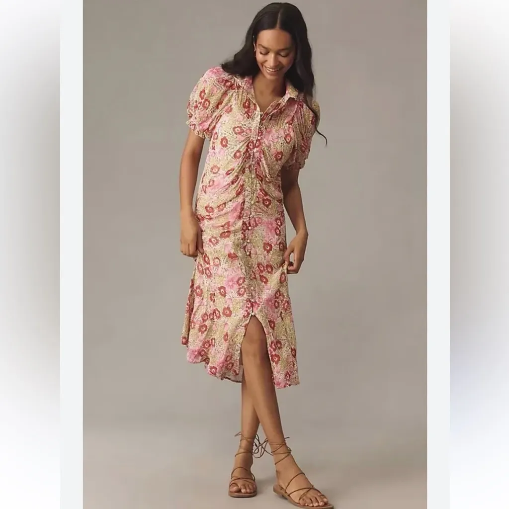 Anthropologie Puff-Sleeve Ruched Mesh Midi Shirt Dress in US 18W - Image 3