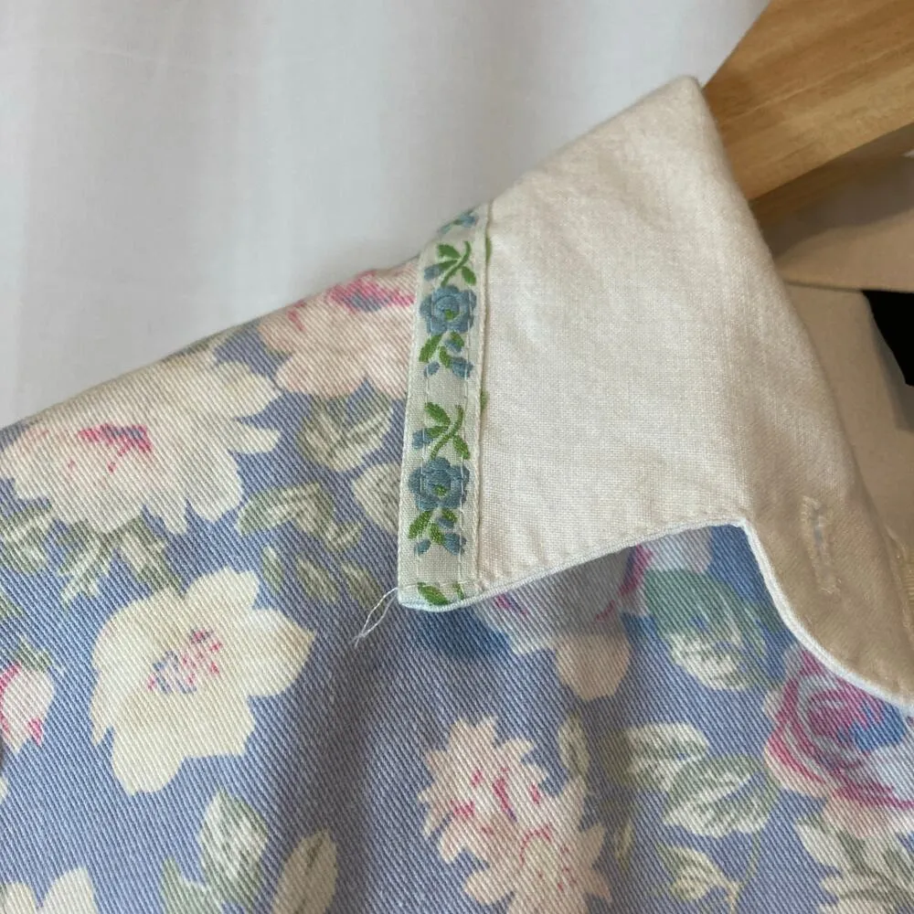 Vintage 90’s Fritzi California Retro White Blue Flowers Stripes Button Shirt Top Size M - Image 5