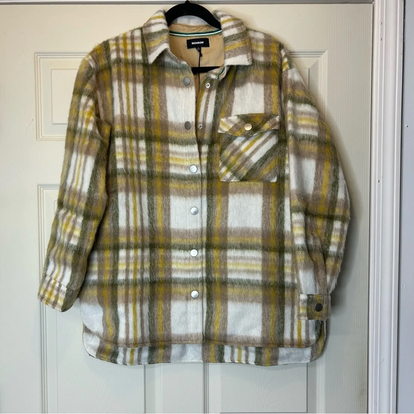 Monrow Plaid Flannel Shacket Coat Jacket Womens Button Yellow Tan Size Small NWT - Image 3