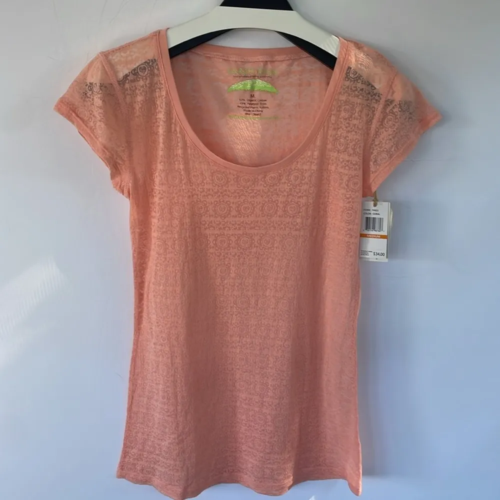 Earth Yoga Sheer Organic Cotton Blend Coral Peach Short Sleeve Tee Medium Pink - Image 8
