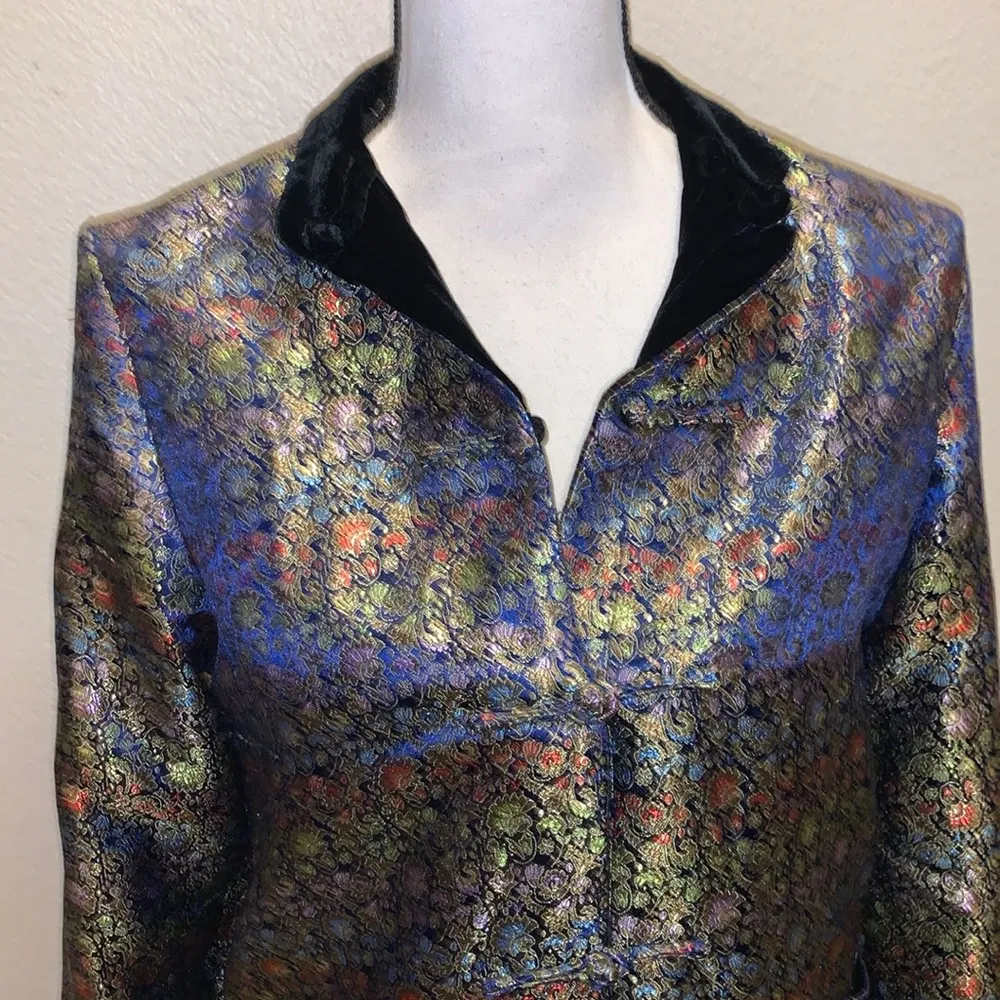 Reversible black velvet Metallic colorful flower print colored blazer jacket - Image 7