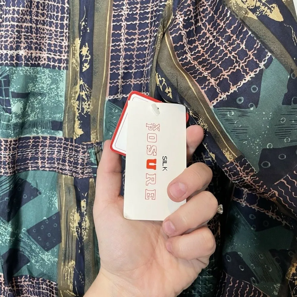 Vintage Deadstock 100% Silk Bomber Jacket Size Petite Medium Abstract Patchwork - Image 7