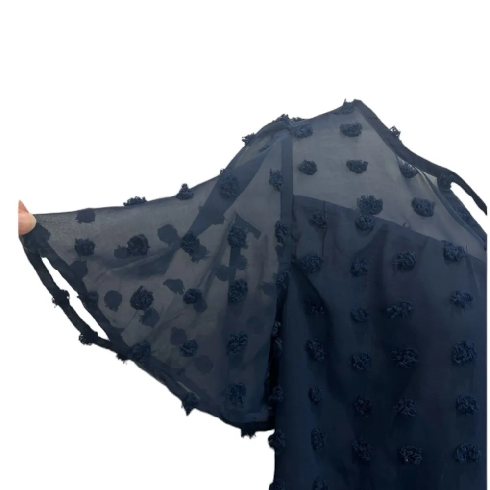 Umgee Swiss Dot Smocked Bodice Dress Size S Pom Pom Blue - Image 6