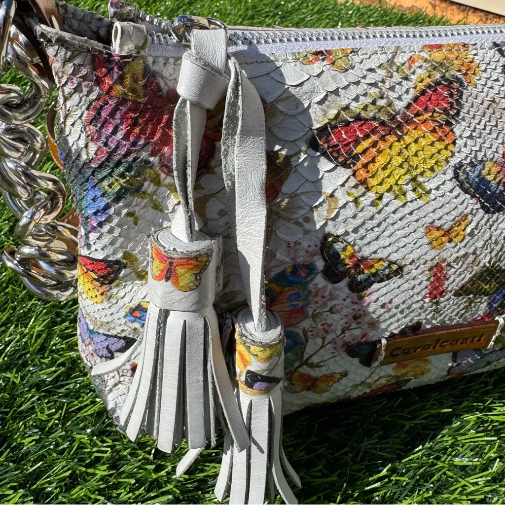 Cavalcanti Leather Purse Handpainted Butterfly Print Snakeskin Italy Bag Brown - Image 11