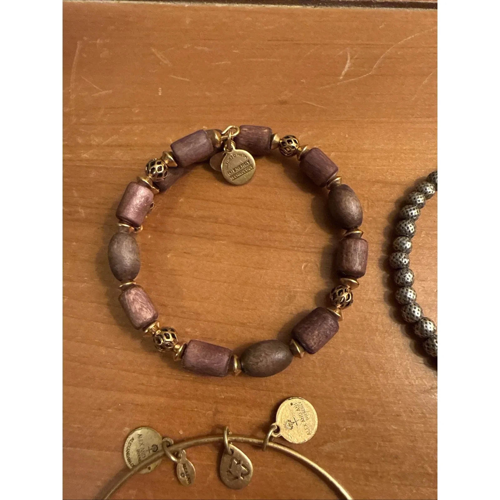 Lot Of 4 Vintage Alex And Ani Bracelets Wood Beads Silver Tone Gold Tone - Image 4