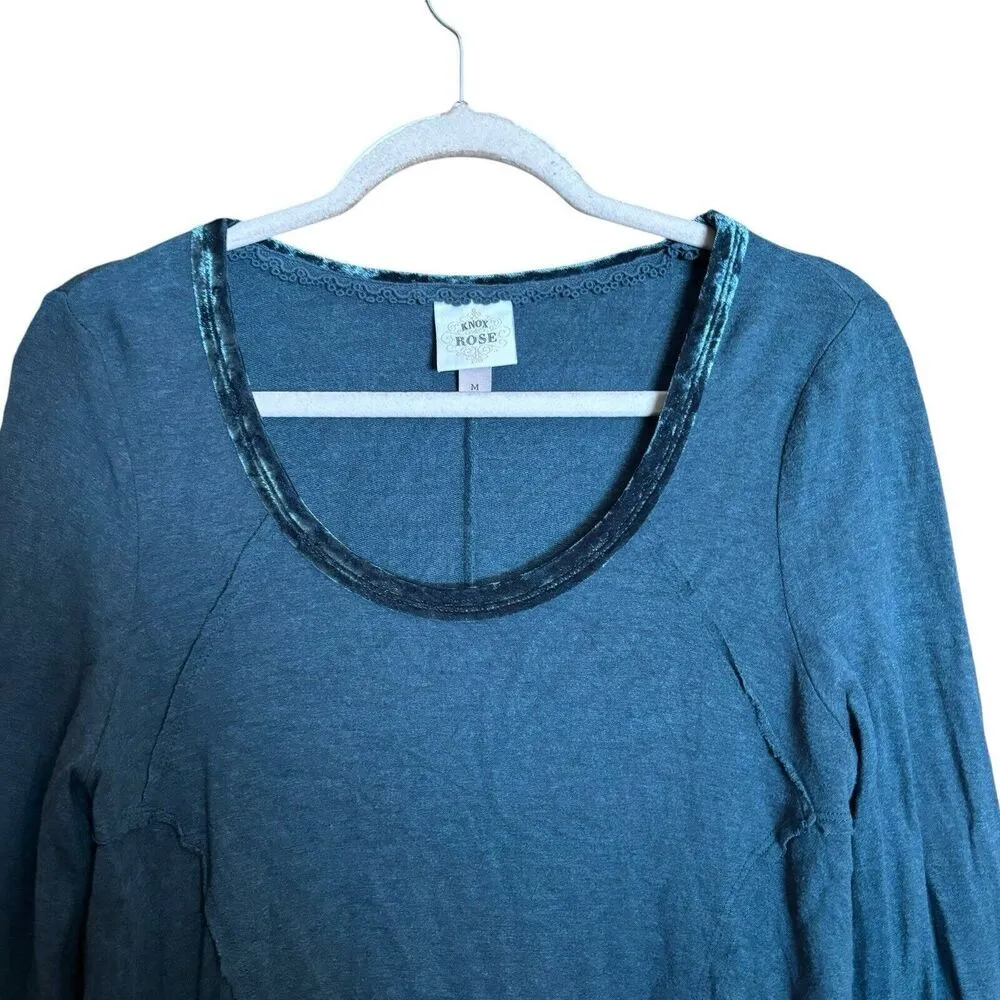 Knox Rose Top Womens Medium Blue Boho Lace Hem Scoop Neck Stretch Blouse - Image 2