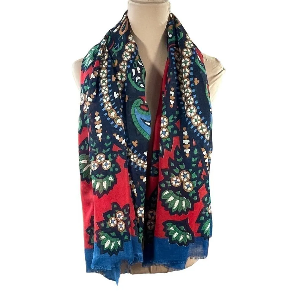 Women's Italian Scarf Kaleidoscope Floral Large Blue Red Green Fringe 52 X 54 - Image 2