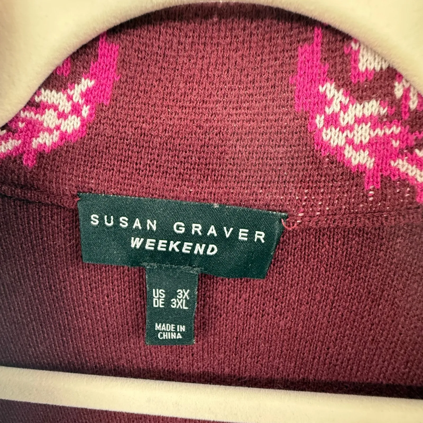 Susan Graver Weekend Burgundy Pink Jacquard Open Front Cardigan Womens 3X Purple Size undefined - Image 3