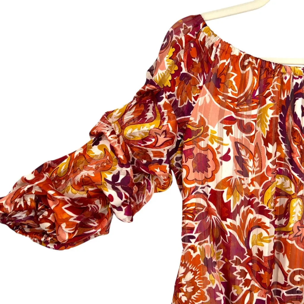 CeCe Floral Off-The-Shoulder Tiered Sleeve Blouse Orange Red Size Medium NWT - Image 3