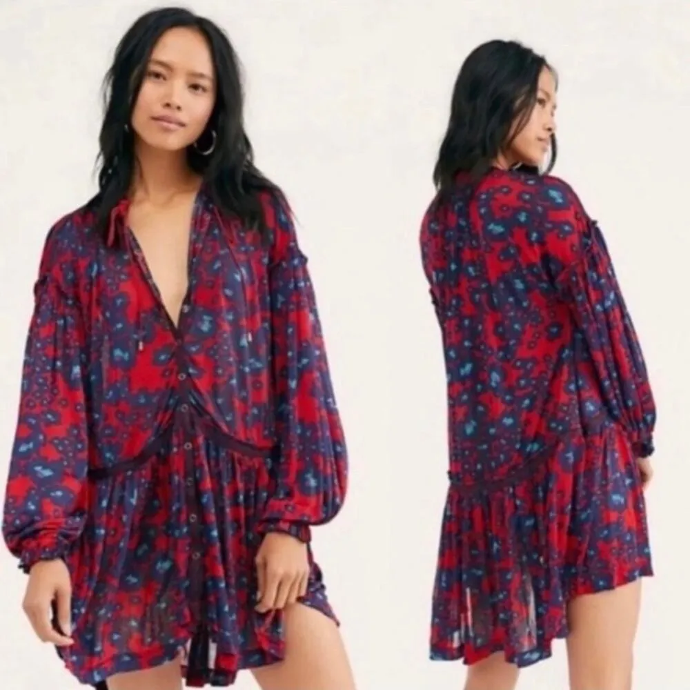 Free People Merlot Combo Love Letter Red & Blue Floral Size Small - Image 3