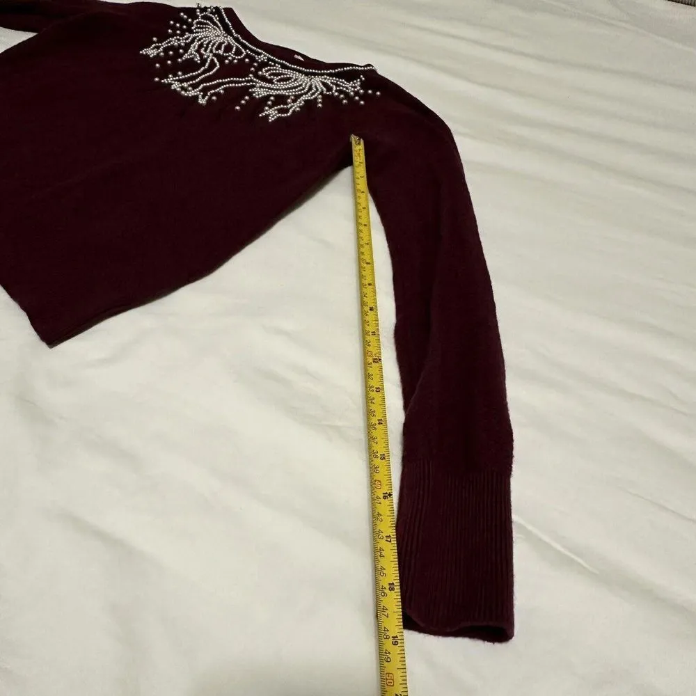 Anthropologie Field Flower Pearled Bow Burgundy Beaded Embellished Sweater Sz S - Image 6