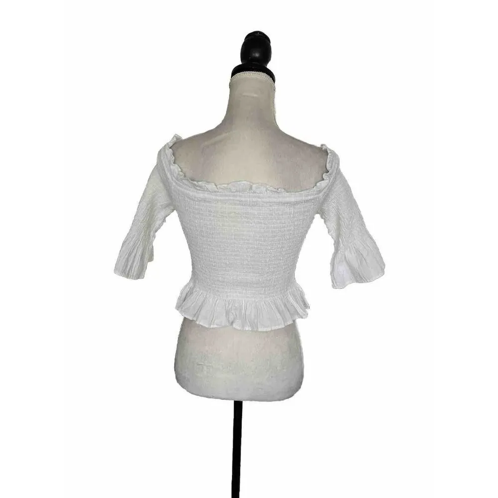 Moon River Peplum Style Smock Bustline White Crop Ruffle Neck Sz L Off Shoulder - Image 3