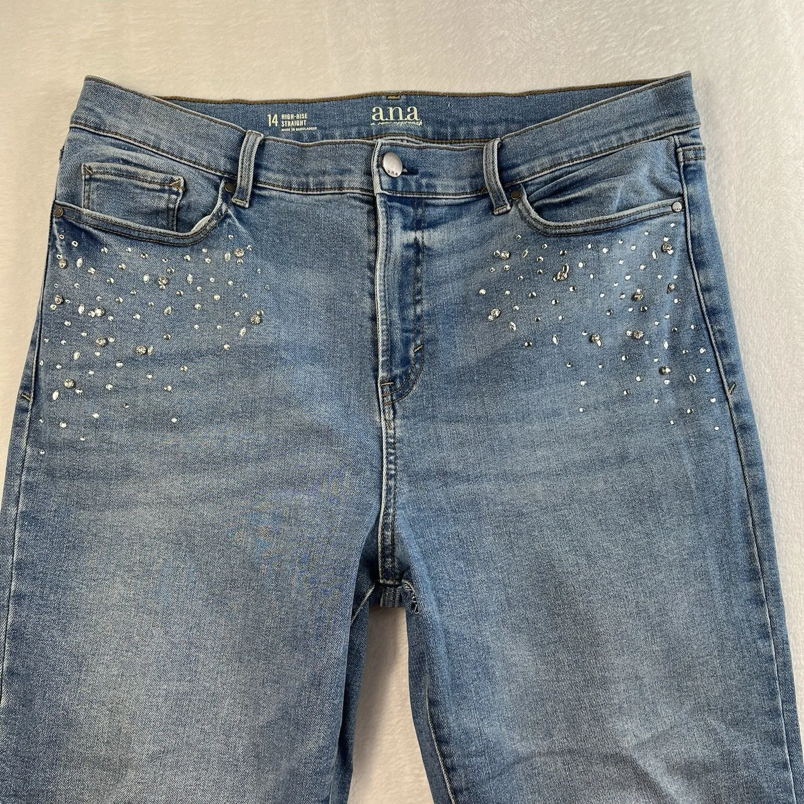 a.n.a. A New Approach Sz 14 High Rise Straight Jeans Bling Rhinestone Embellish Blue - Image 3