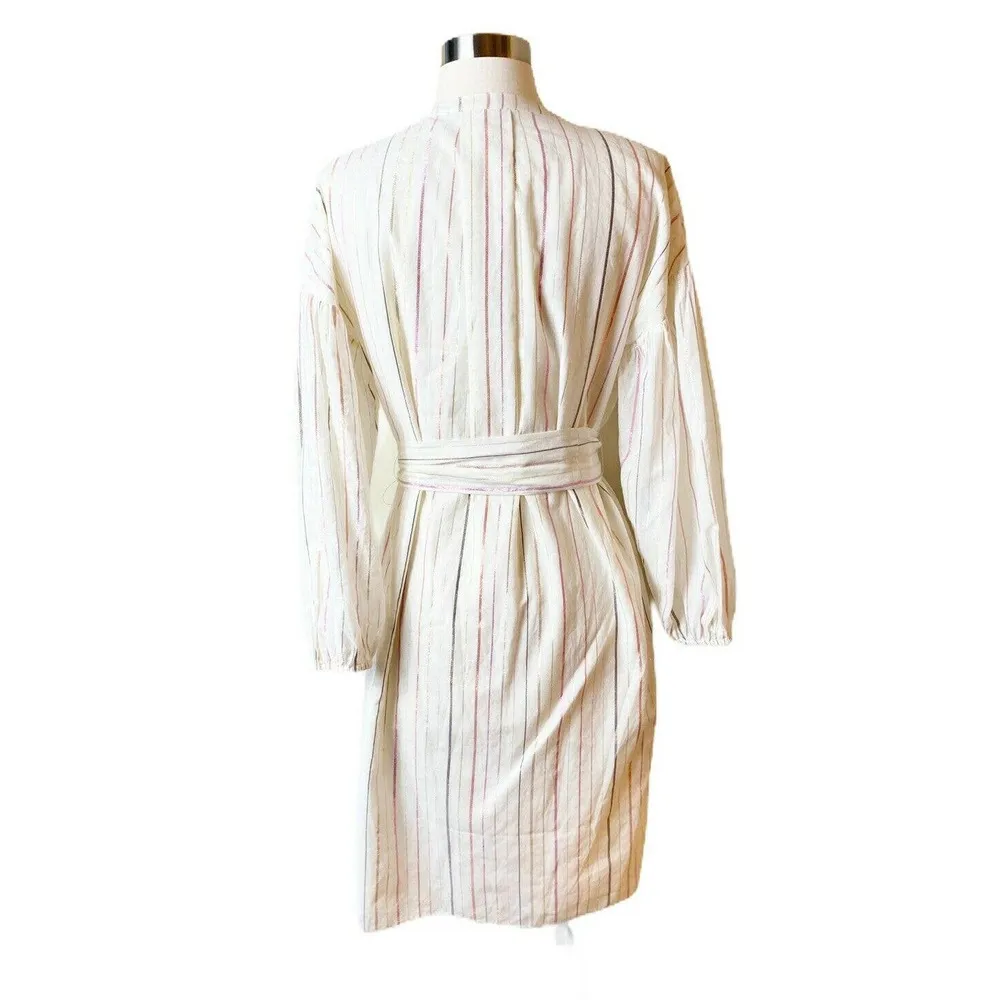 JOIE Shift Shirt Dress Semra Ivory Shimmery Stripes Porcelain Cotton Belted XS - Image 7