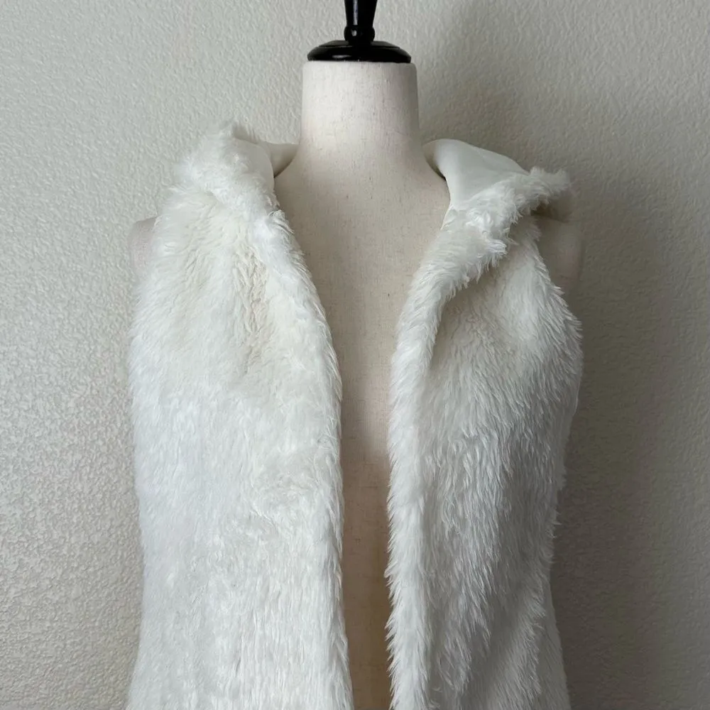 Rol White Faux Fur Sleeveless Open Front Hoodie Vest Size M - Image 2