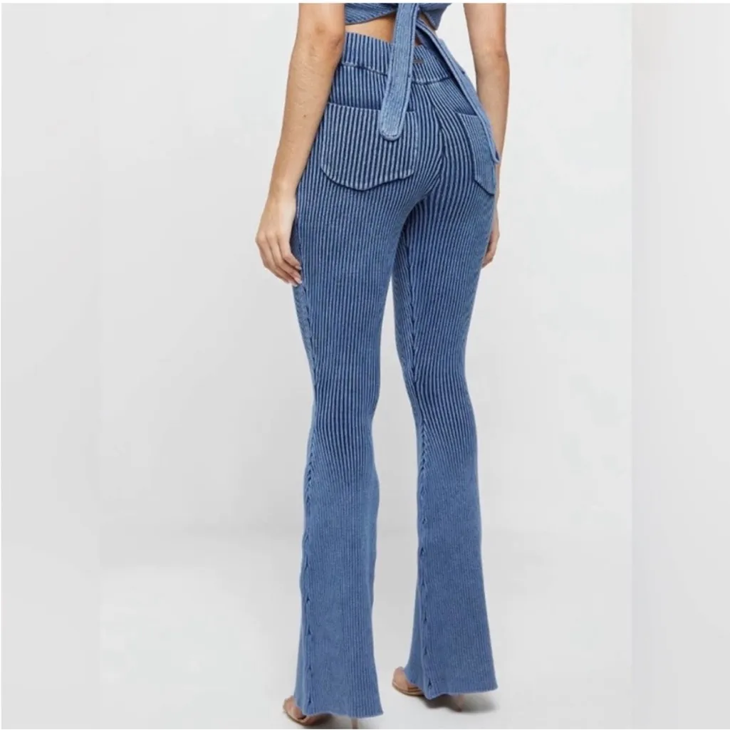 Manière De Voir Blue Ribbed Knit Flare Pants Size Medium - Image 3