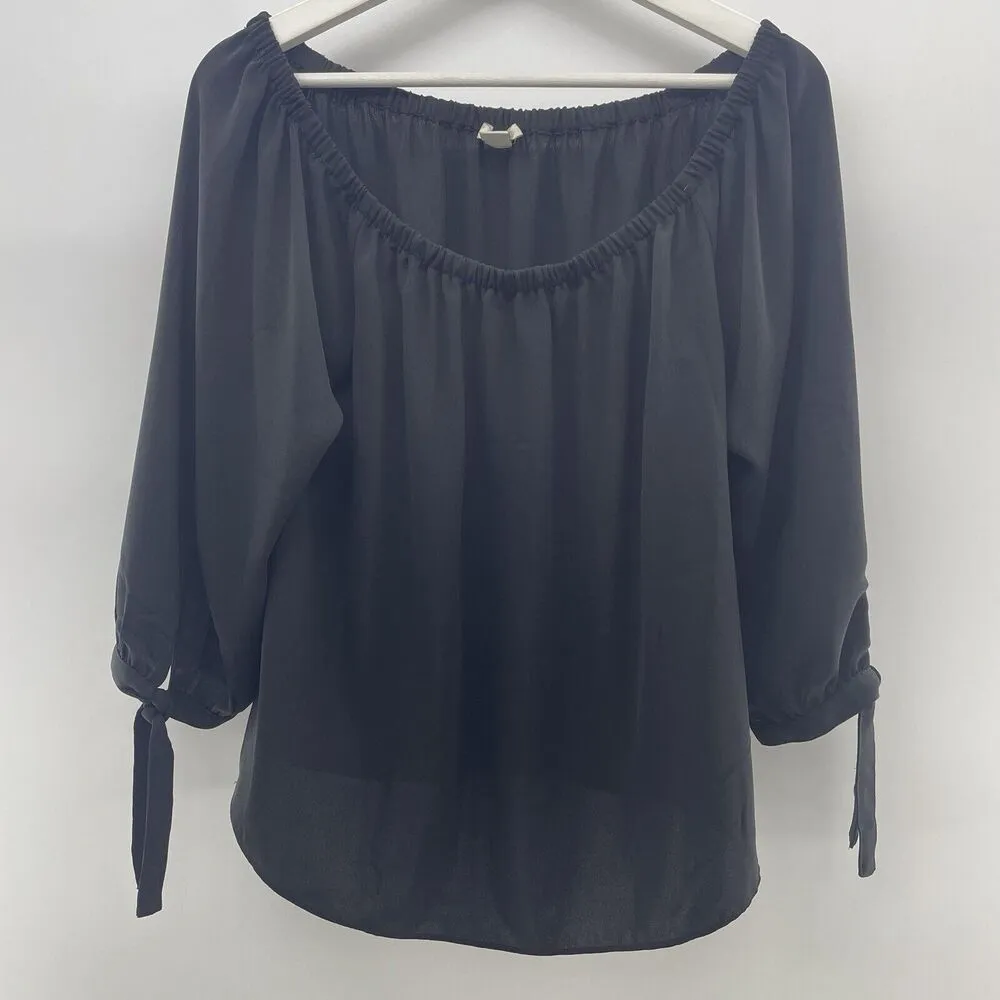 J. Crew Factory Small Off The Shoulder Top Black with Tie Sleeve Detail H1070 - Image 3