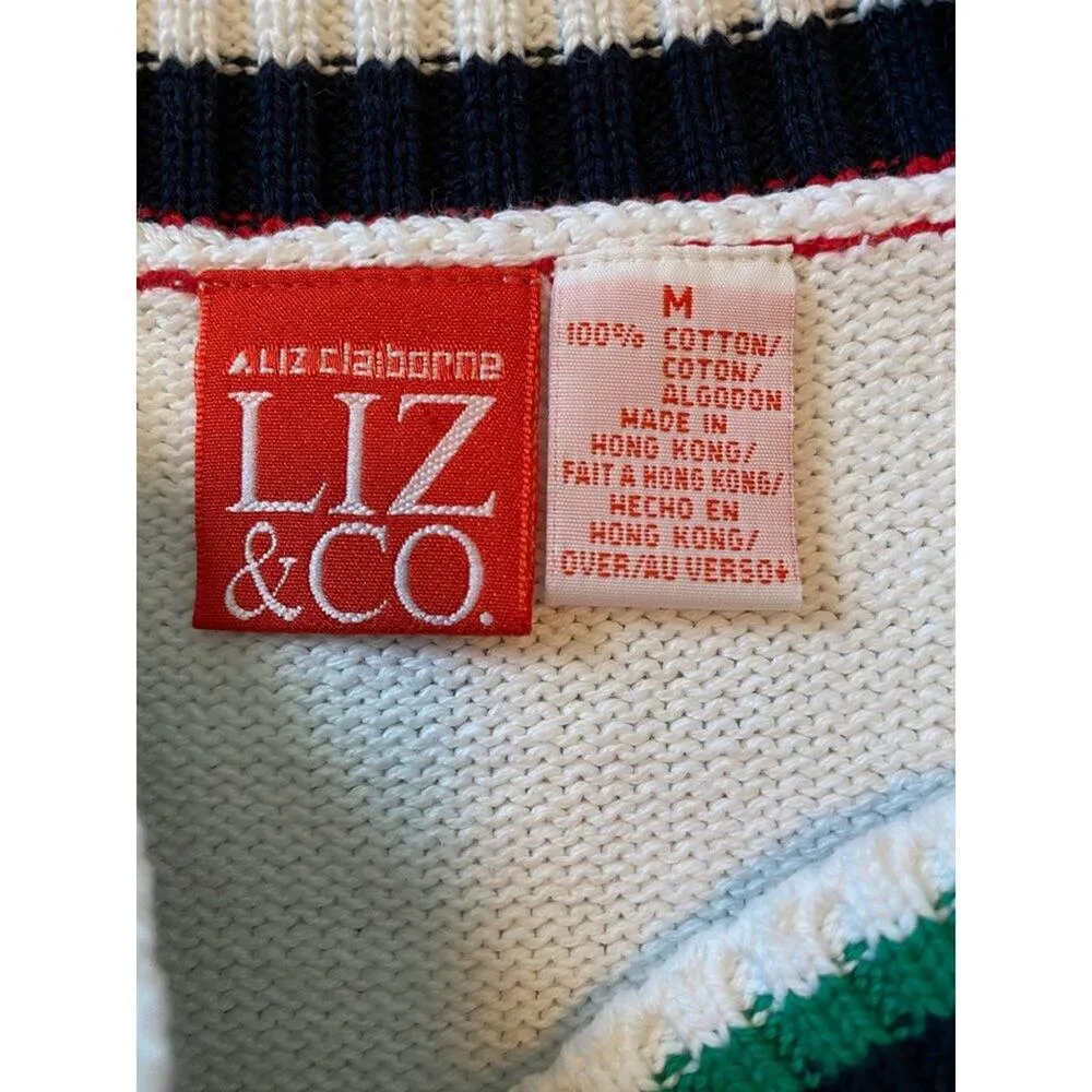 Liz & Co 90's Preppy, Tennis GreenBlue striped V Neck White Sweater Size Medium - Image 4