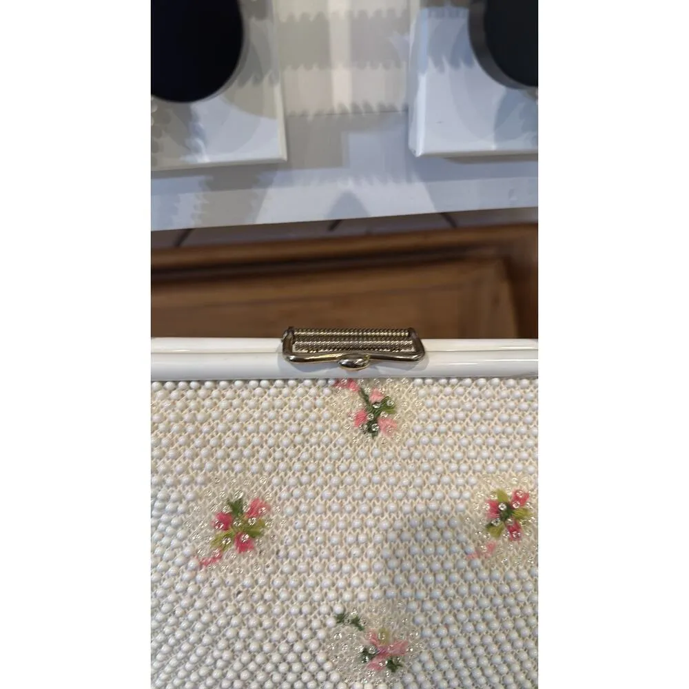 1950s Beaded Reversible Purse Vintage Top Handle Handbag Mid Century cottagecore Pink - Image 9