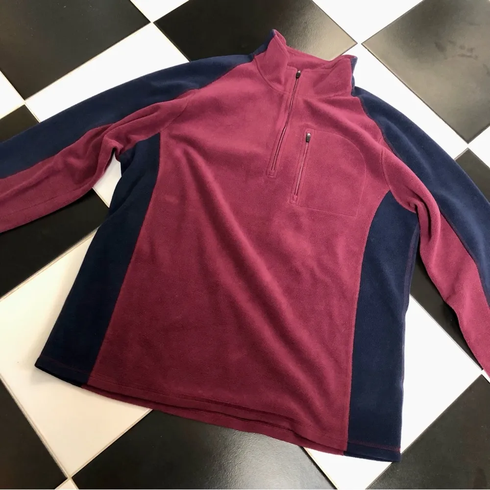 LL Bean Fleece Pullover Jacket Quarter Zip Burgundy & Navy Blue Unisex sz L - Image 3
