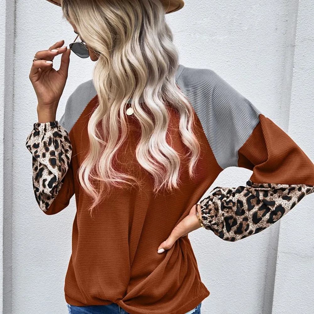 WAFFLE KNIT LEOPARD LONG SLEEVE BLOUSE TWIST KNOT Size undefined - Image 6