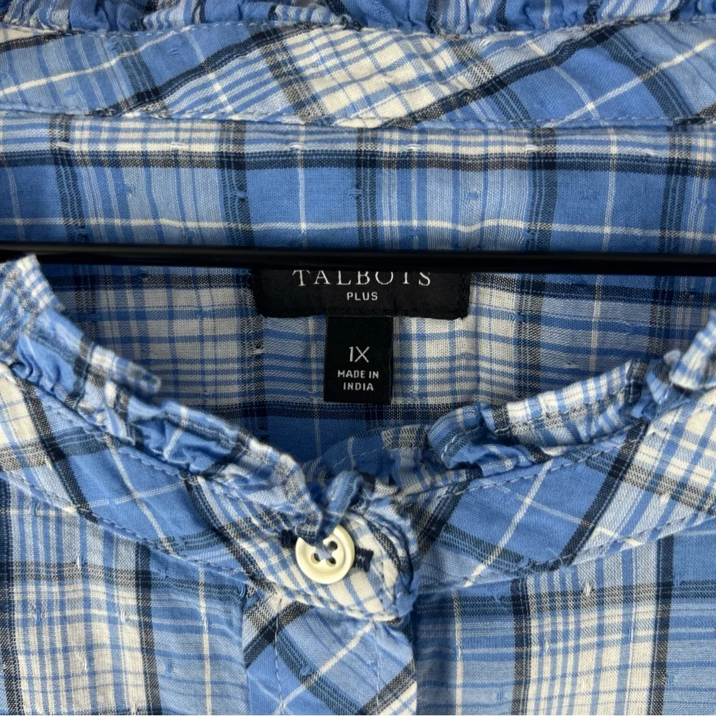 Talbots Blue Checkered Plaid Cotton Casual Ruffle Neck Long Sleeve Popover Shirt - Image 2