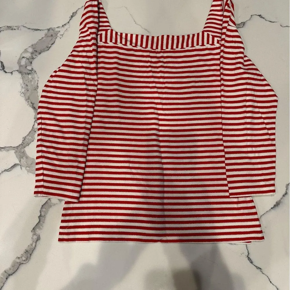 Boston Proper Red/White/metallic silver stripe 3/4 sleeve top sm-med EUC - Image 2