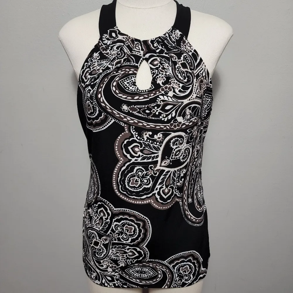WHBM black/esspresso paisley halter keyhole blouse size small - Image 2