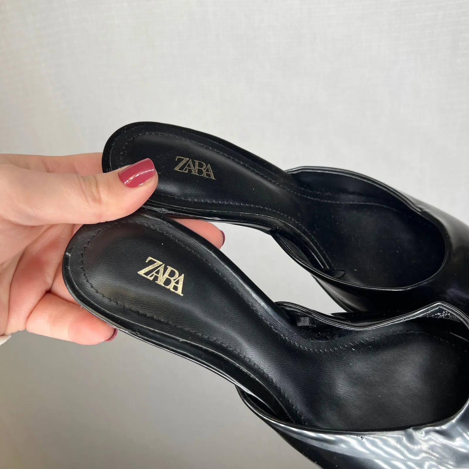 ZARA Pointed Toe Black Patent Mule Heels Kitten Heel Shoes Women Size 39 - Image 3