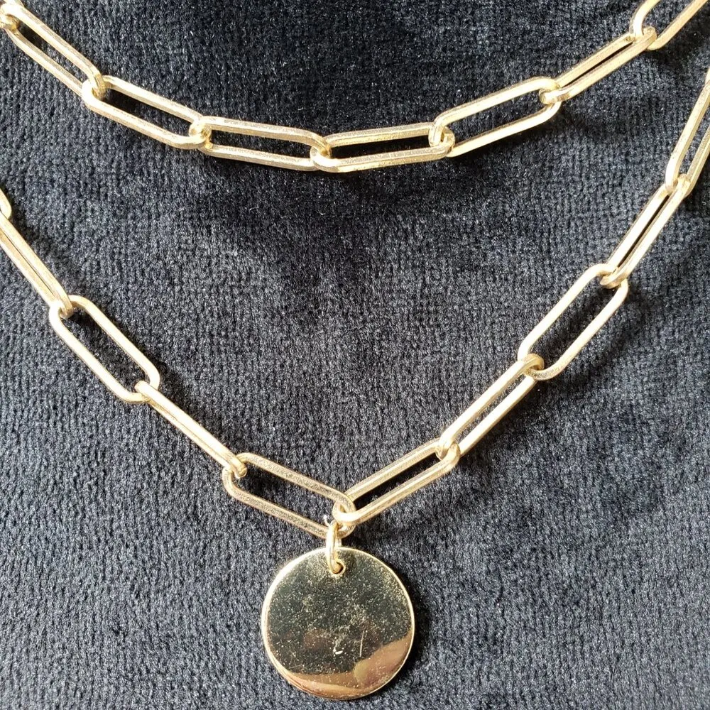 Women Jewelry Gold Tone 2 Strand Paperclip Chain Round Charm Necklace w/ Lobster - Image 3