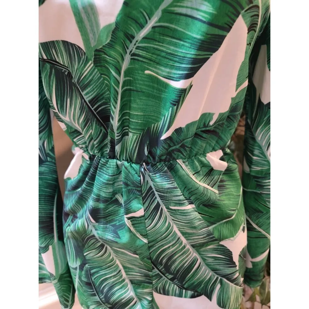 Boohoo Romper Women's 6 Green & White Polyester Elastic Waist V-Neck Long Sleeve - Image 5