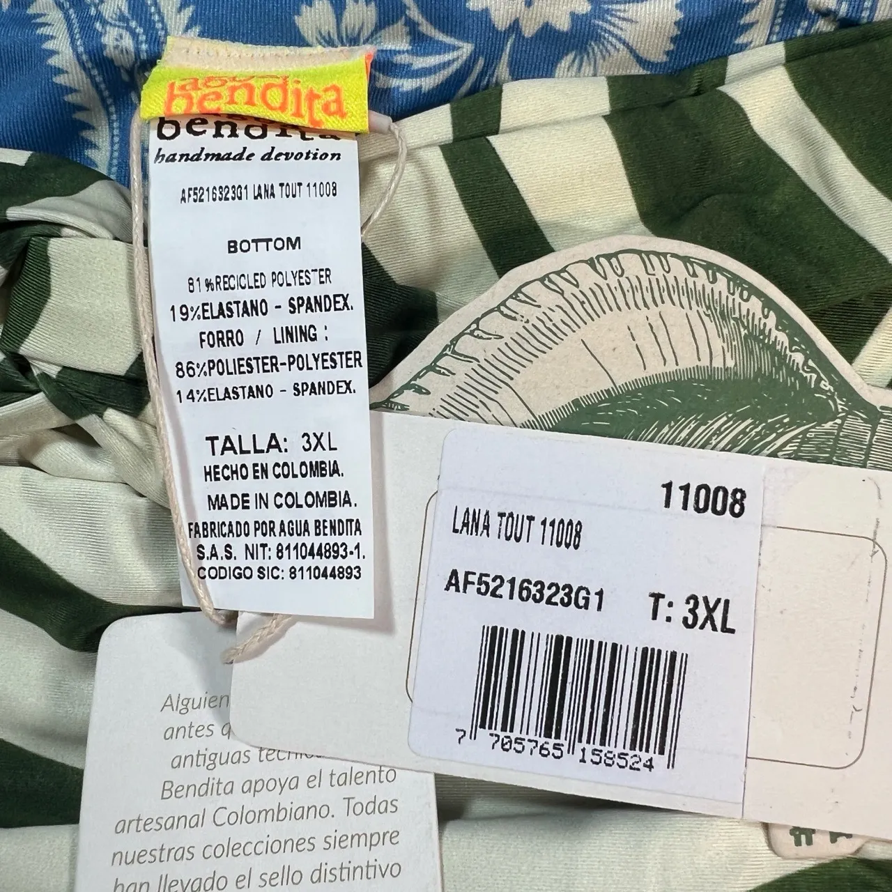 Agua Bendita Reversible Swim Bikini Bottoms Blue Floral Green White Size 3XL New - Image 6