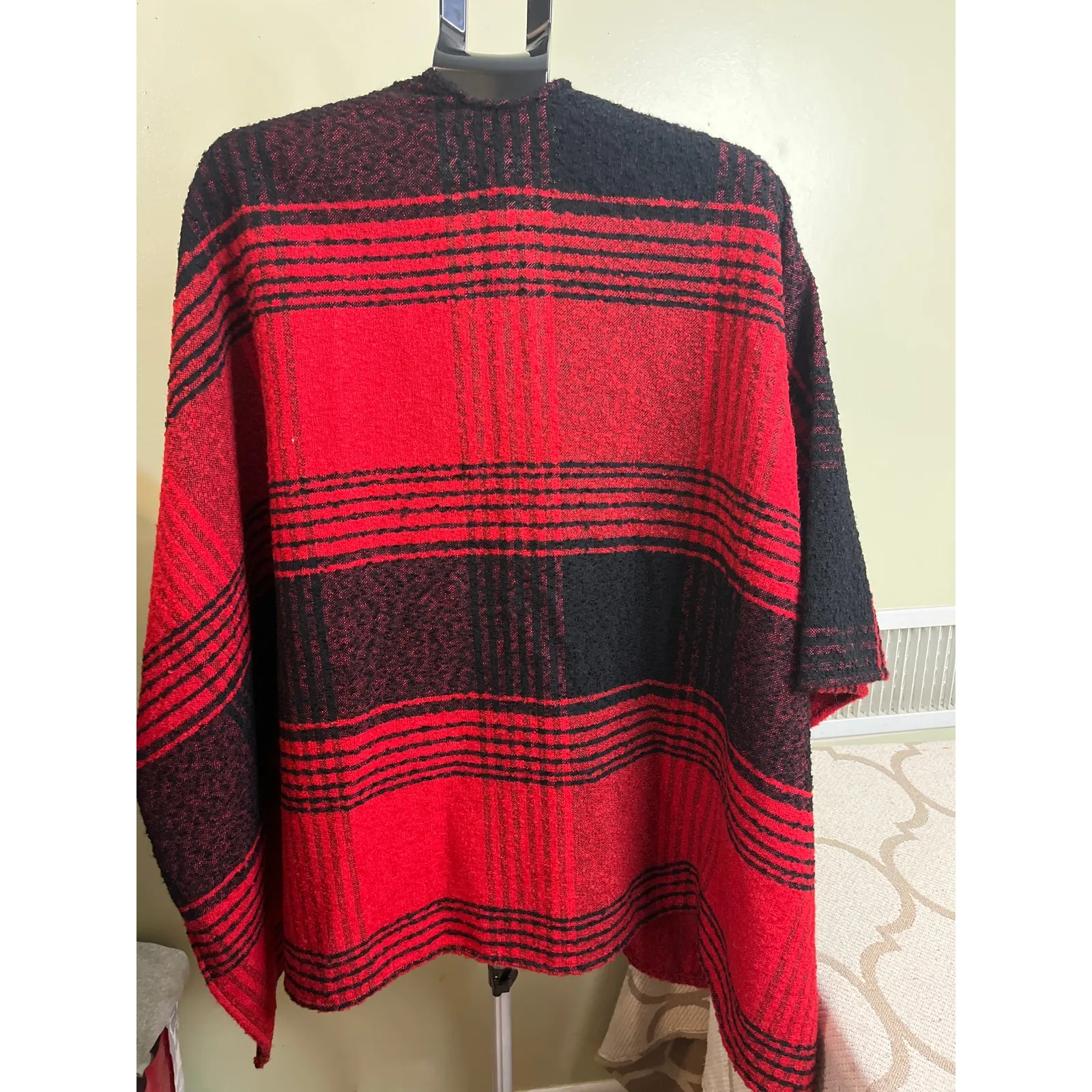 Express oversized blanket poncho red black textured open front, size one size - Image 3