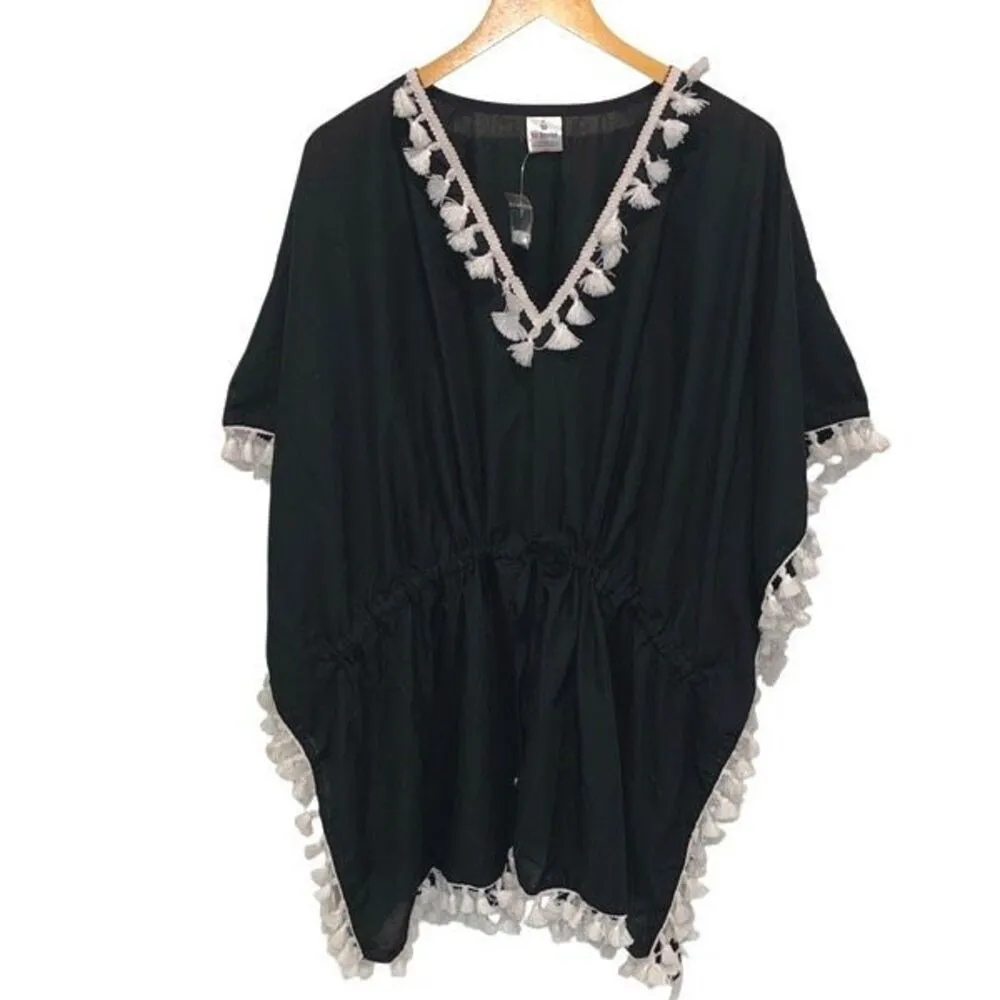 La Leela Womens Kimono Blouse Pom Pom Cover Up‎ Swimwear Black One Size NWT - Image 2