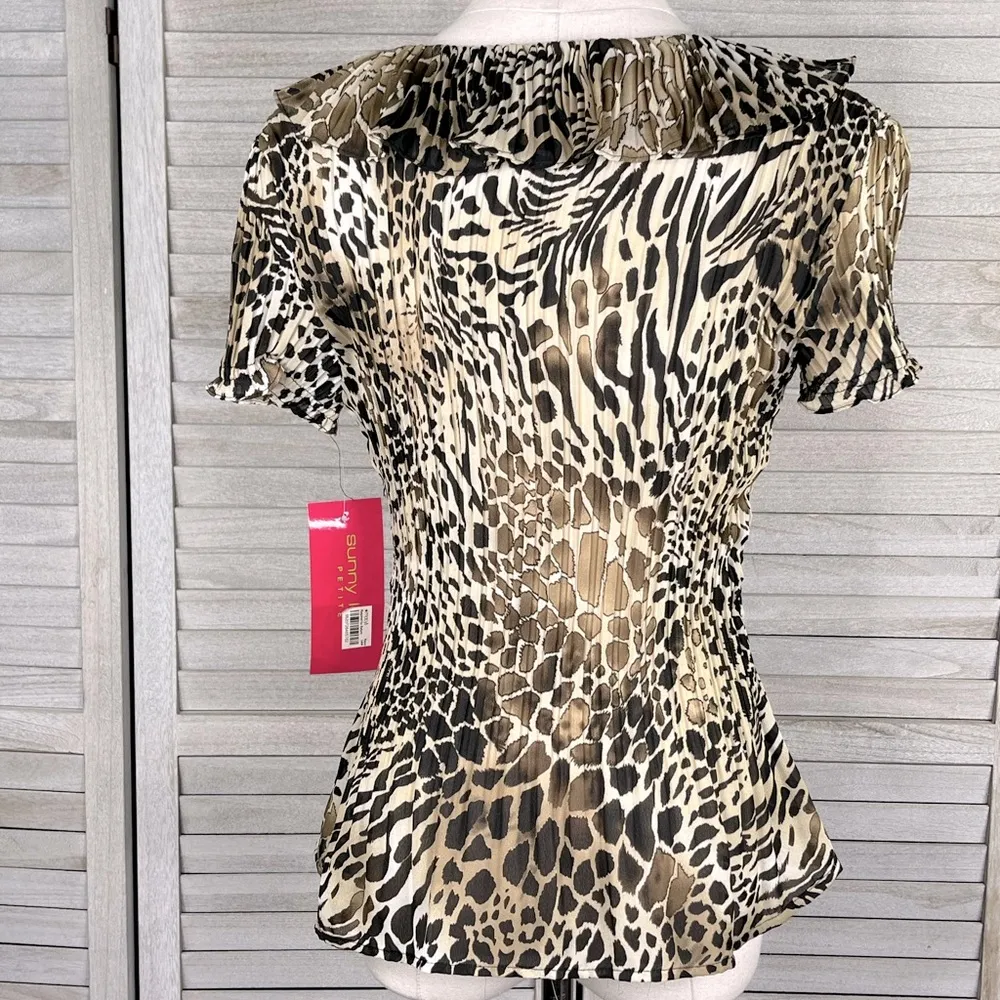 SUNNY LEIGH "Summer Wind" Sheer Animal Print Blouse Ruffled Neckline-PM - Image 2