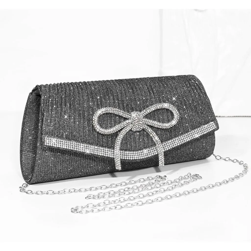 ⚡ Women's Gray Bow Sparkly Glitter Evening Rhinestone Party Prom Clutch Bag - Image 4