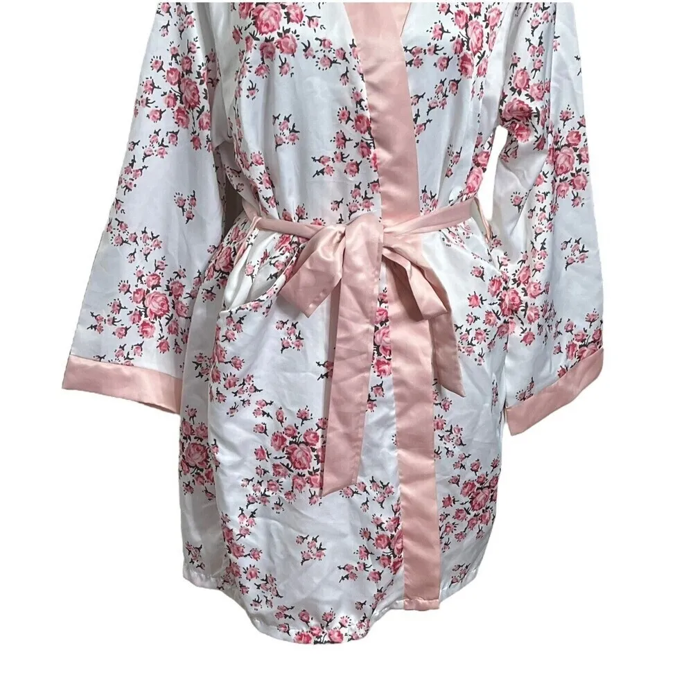 Morgan Lane Allie Floral Robe Women’s Size S/M Blush Charmeuse Belted - Image 4