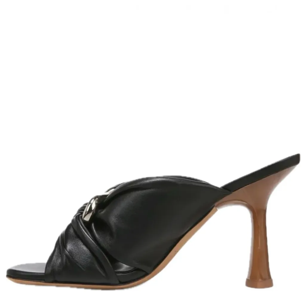 Vince Black Leather Ruched Knotted Sandal w/ Metal Accent Embellishment - Image 9