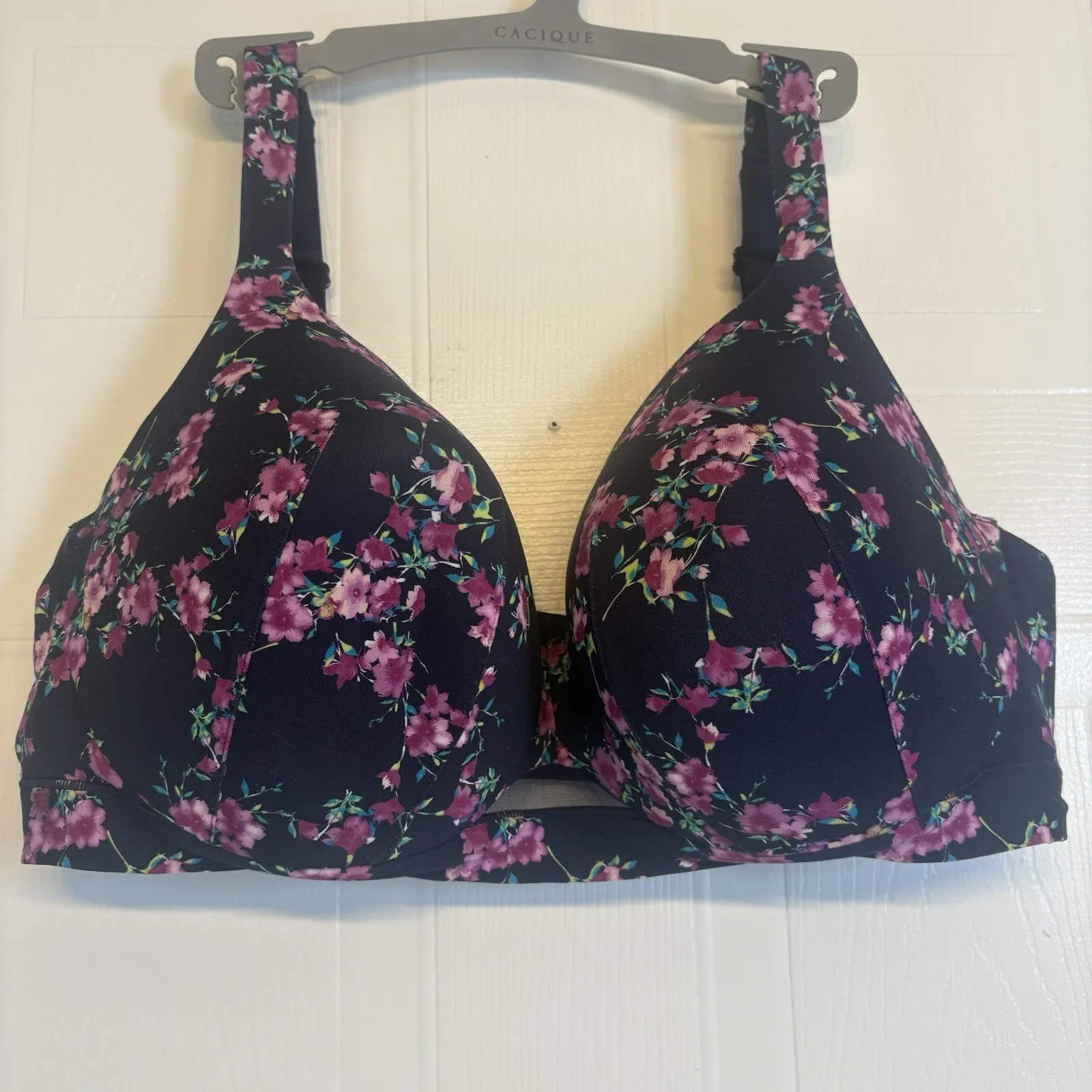 Cacique Lightly Lined Full Coverage Bra Underwire Size 42DD Black Cherry Blossom - Image 3